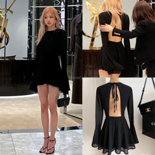 Rosé x dress🖤(550฿ฟรีส่ง) เดรสเว้าหลัง แขนยาว ปลายแขนระบาย ด้านหลังมีเชือกผูก โทนสีดำ เนื้อผ้าดี พริ้วสวย มีซับใน wg.we