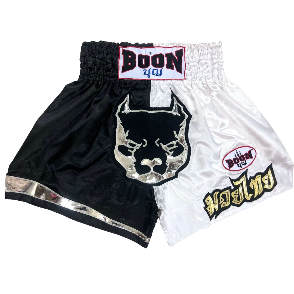 MT12 Muay Thai Shorts B&W PITBULL กางเกงมวยไทย ขาวดำหมาพิทบูล