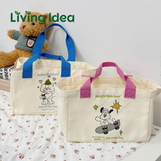 Living idea กระเป๋าถือ ผ้าแคนวาส กระเป๋าใส่กล่องข้าว ใส่ของอเนกประสงค์ พิมพ์ลายการ์ตูน