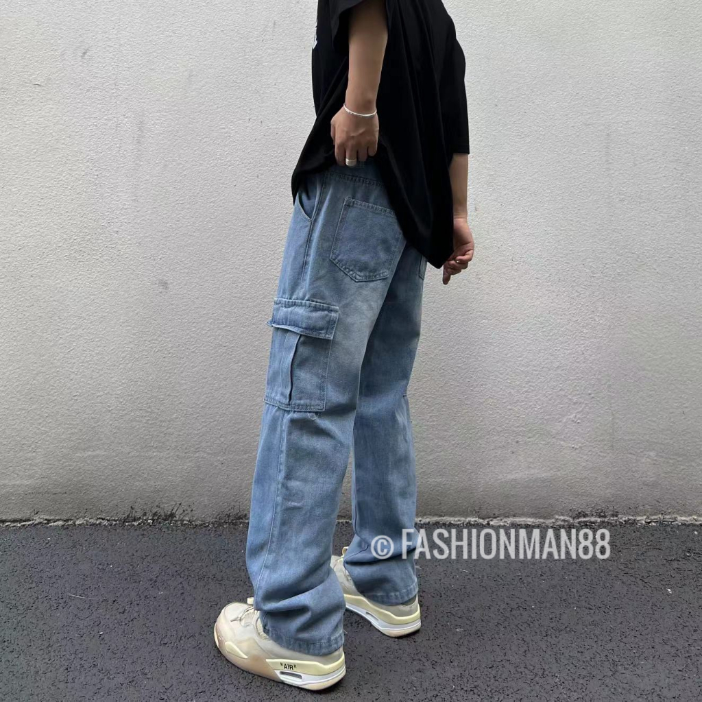 กางเกงยีนส์คาร์โก้ Cargo Jeans กางเกงยีนส์ ขายาว ทรงกระบอก Y2K