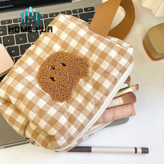 Home Fur กระเป๋าใส่เครื่องสำอางค์ ลายตารางปักหน้าน้องหมี Bag Cute Bear