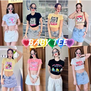 เสื้อครอปเอวลอย croptop ทรง Baby Tee สรีนลายน่ารัก