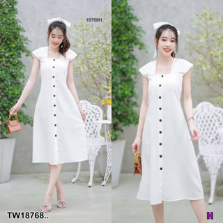 MM18768 เดรสแขนย่นจับจีบ ติดกระดุมด้านหน้า มีโบว์แยก 1 เส้น Dress with pleated sleeves Front button fastening with 1 sep