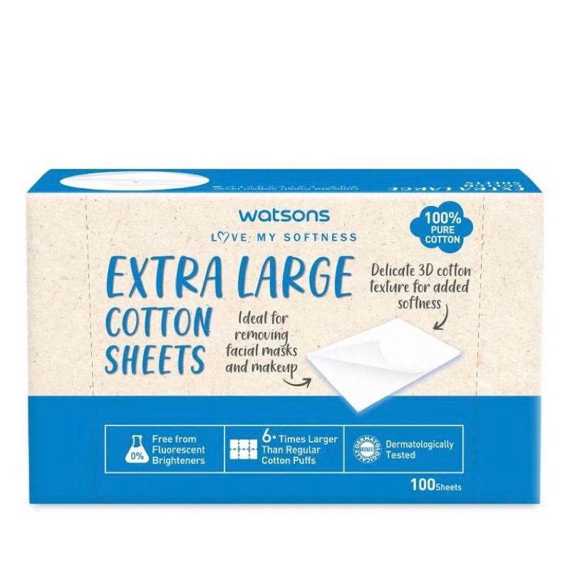 extra large cotton sheet watsons สำลีเช็ดหน้า แผ่นใหญ่พิเศษ 100 แผ่น , สำลี วัตสัน ผลิตจากฝ้ายธรรมชาติ 100%