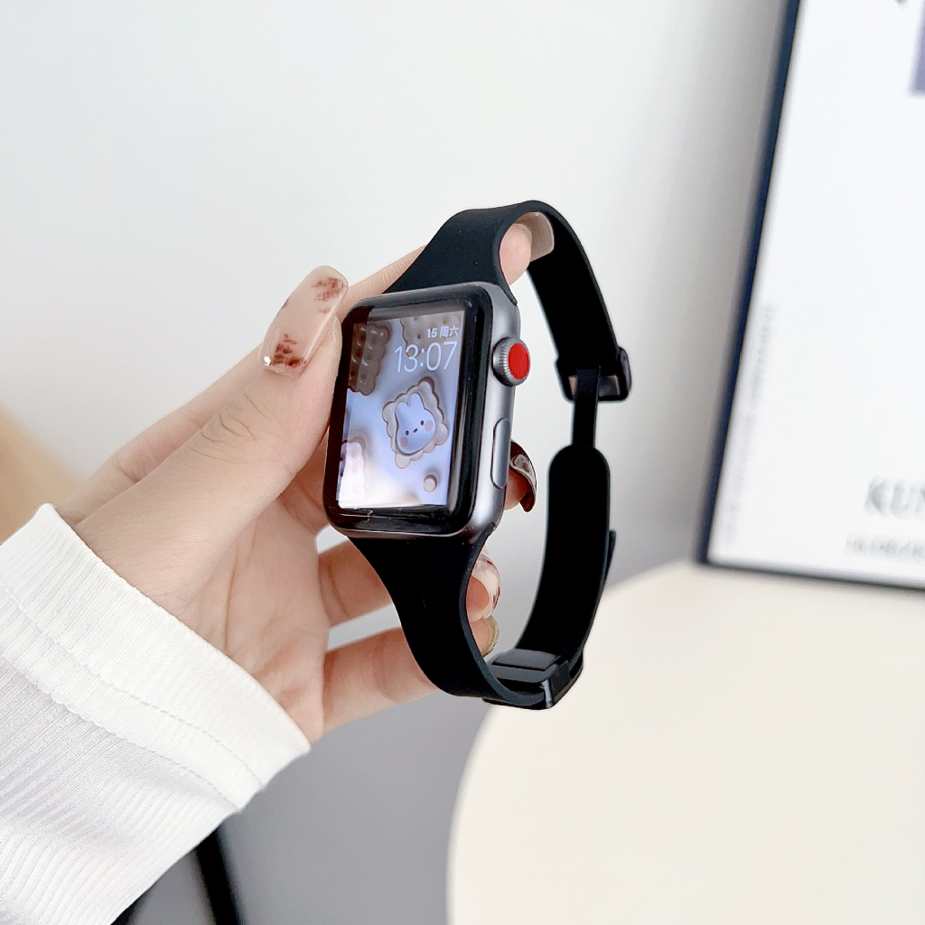 สำหรับ iWatch Series10 9 8 7 se 6 5 3 2 1 8 Slim เอวสายนาฬิกาซิลิโคนแม่เหล็กพับสายนาฬิกา 49mm/46mm/45mm44/42mm40/41/38mm