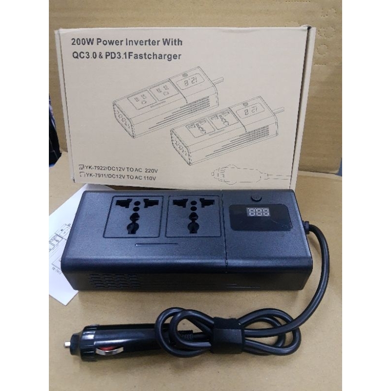 อุปกรณ์แปลงไฟ คาร์อินเวอร์เตอร์ 200W แปลงรถ DC 12V to 220V หมดกังวลไม่มีไฟใช้  ✔ แปลงไฟ Dc 12V to 22