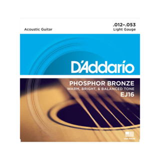 Musicpluz สายกีตาร์โปร่ง DAddario EJ16 Phosphor Bronze, Light, 12-53 ของแท้