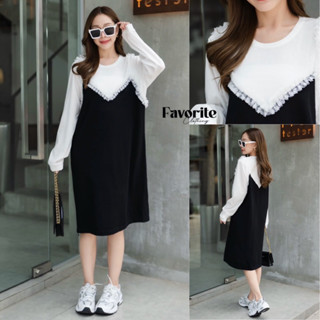 🌈🌿🌸🌺🌼🤎🧡🇰🇷 Knit 2Tone Frill Lace SGL Long Sleeve Dress