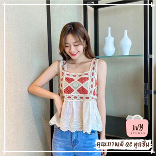 💕ivy เสื้อถักไหมพรมลายโบฮีเมี่ยน (CL-020) เสื้อครอปลูกไม้สไตล์เกาหลีสำหรับผู้หญิง