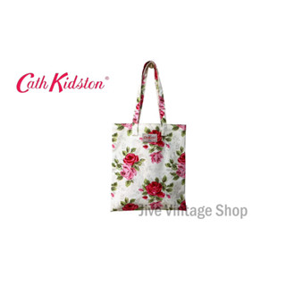 กระเป๋าทรง tote สะพายไหล่ ผ้าเคลือบ Cath Kidston  London สีขาวลายดอกกุหลาบสีชมพู ใส่ A4 ได้ มือสอง สภาพดีจากตู้ญี่ปุ่น