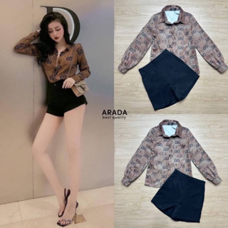 ราคาถูกที่สุด!! ARADA  เซตเสื้อคอปกแขนยาวพิมพ์ลายมาพร้อมกางเกงขาสั้นสีดำ