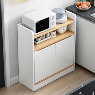 ตู้วางของ เก็บของในครัว วางอุปกรณ์เครื่องครัว ไมโครเวฟ หม้อ เตาอบ สีขาวสไตล์มินิมอล