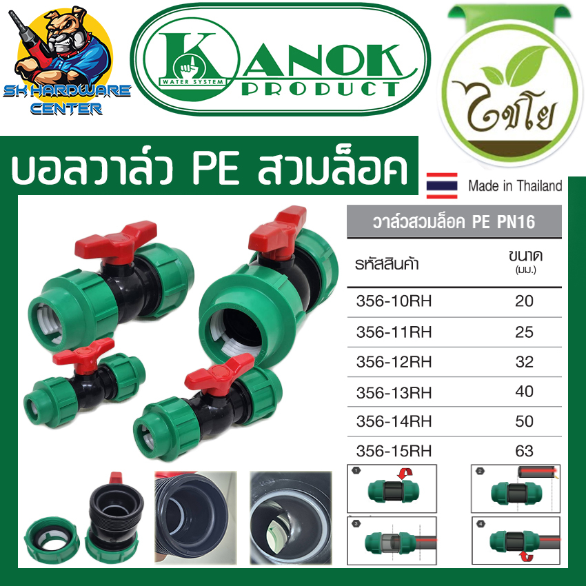 บอลวาล์ว PE PN16 ชนิดสวมล็อค 2ข้าง มีขนาด 20mm - 50mm ยี่ห่อ KANOK PRODUCT รุ่น 356- (XX) RH
