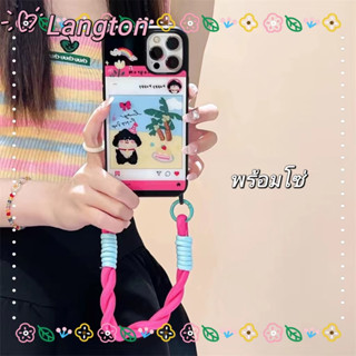 🌈Langton🌸รุ่นโซ่ ขอบดำ การ์ตูน ลูกสุนัข สีชมพู น่ารัก iphone 11 14 pro max ป้องกันการหล่น ขอบเต็ม case for iPhone 12 13