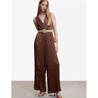 จั๊มสูทแขนกุดไขว้หน้าขายาวผ้าซาติน Mango Satin Jumpsuit With Belt มีเข็มขัดสานๆ