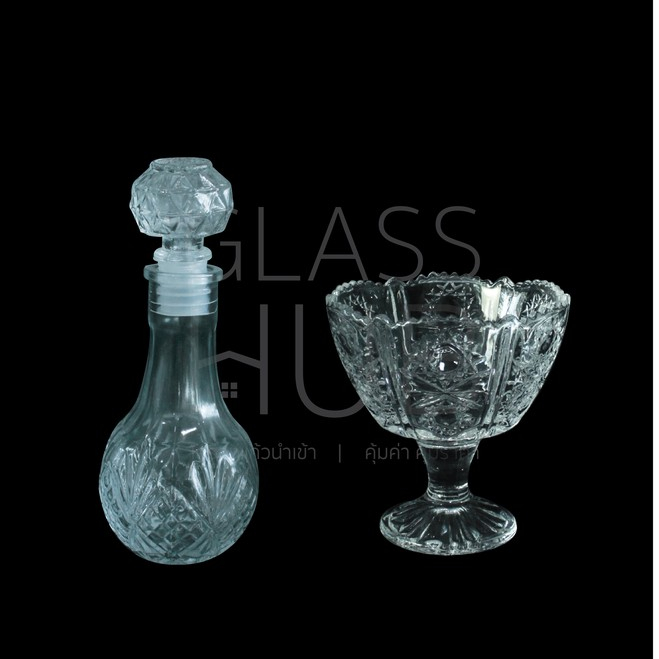 GLASS HUB - เซตกรวดน้ำ เซต 01 และ 02 - ชุดกรวดน้ำพระ เซตกรวดน้ำ เนื้อแก้ว มีลวดลาย ขวดแก้ว ถ้วยแก้ว  ขวดคลิสตัลเล็ก