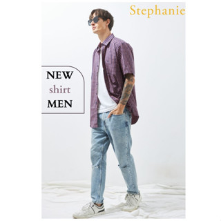 STEPHANIE เสื้อเชิ๊ตแขนสั้นสีกรมท่าผู้ชาย (OMSM7NV)