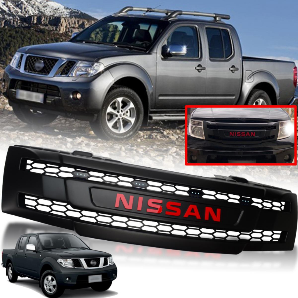 กระจังหน้า หน้ากระจัง ไฟ LED สีขาว รุ่น นิสสัน นาวาร่า NISSAN NAVARA D40 ปี 2006 - 2012 สีดำด้าน โลโ
