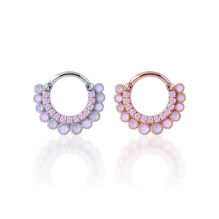 PiercingRoomByJay,  Double Crown CZ/Pink Opal Clicker Hoop  ห่วงเพชร/โอปอล เงินแท้