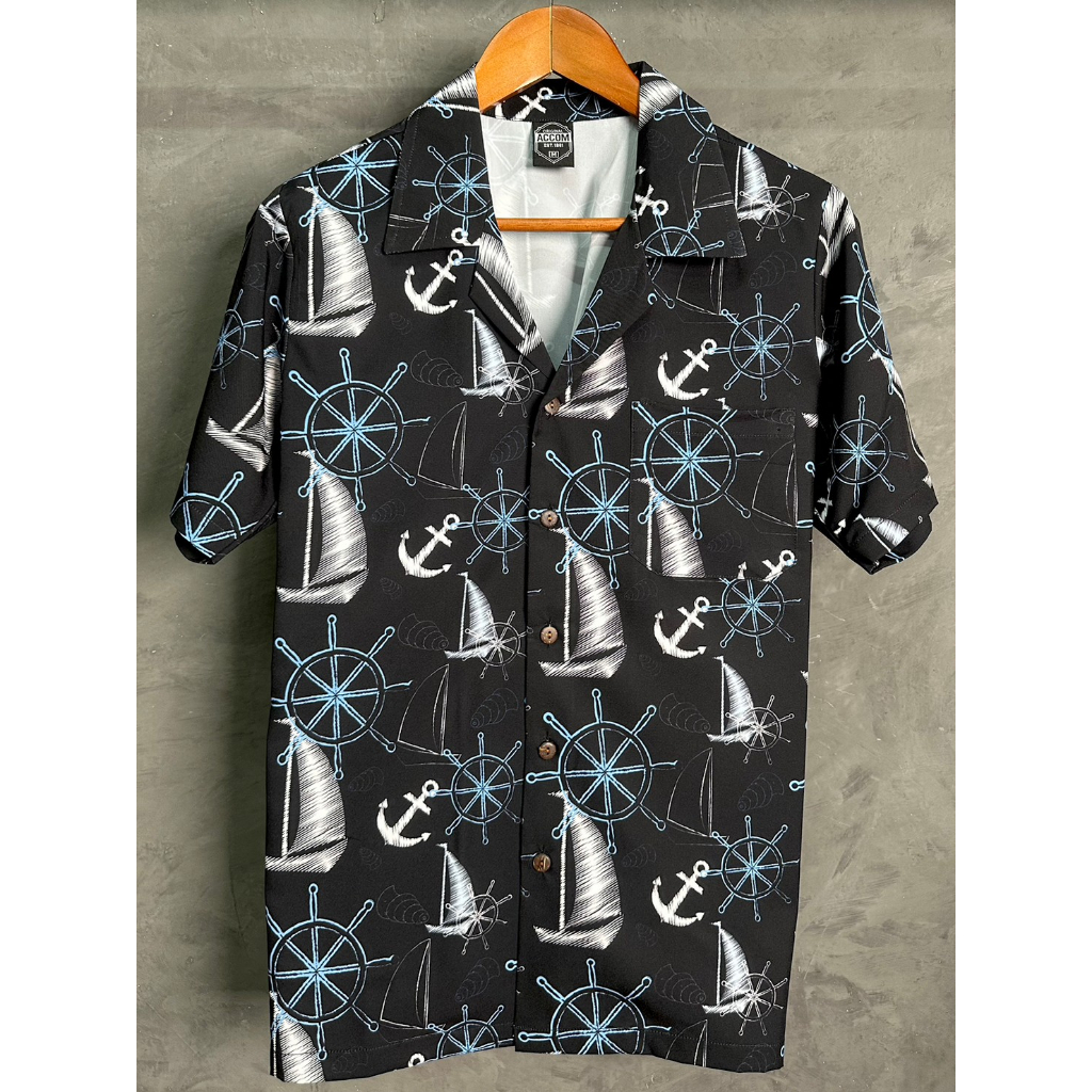 พร้อมส่งจากไทย เสื้อฮาวาย ผ้าไหมอิตาลี ลายวินเทจ คลาสสิค ลายเรือใบ พื้นดำ H035