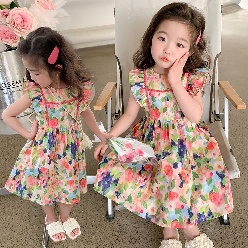 [Y D]244 พร้อมส่ง ชุดเดรสลายดอกสำหรับเด็กผู้หญิง