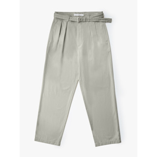 [JBB*] LIGHT GREY COTTON BLEND BELTED WIDE TROUSERS เจบีบี กางเกงขายาวผู้ชาย กางเกงขายาวสองจีบทรงหลวม กางกางมีเข็มขัด