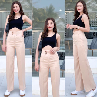 กางเกงขากระบอก กระดุมลายS-6XL เอวสูง ผ้าZARA