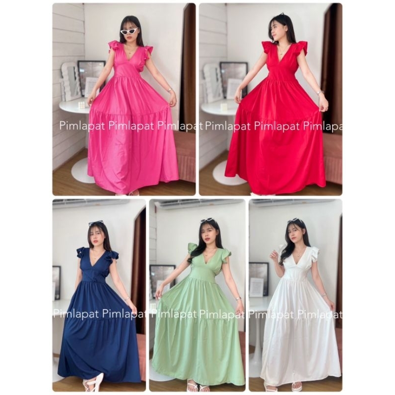 Pimlapat เดรสยาว แต่งแขนระบาย คอวี ด้านหลังสม๊อค มีเชือกผูก แต่งระบายต่อชั้น