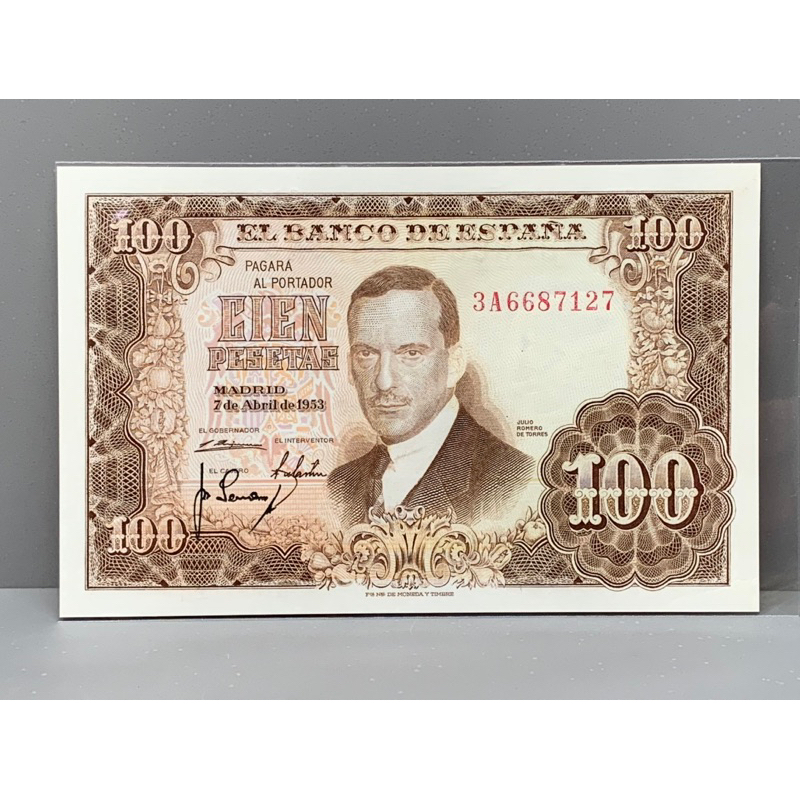 ธนบัตรรุ่นเก่าของประเทศสเปน ชนิด100Pesetas ปี1953 UNC