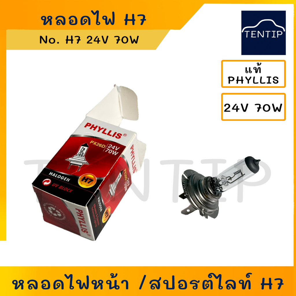 PHYLLIS H7 24V แท้ หลอดไฟหน้า รถยนต์ หลอดไฟสปอร์ตไลท์ หลอดไฟตัดหมอก ฮาโลเจน 24V 70W H7 PX26D (ราคาต่