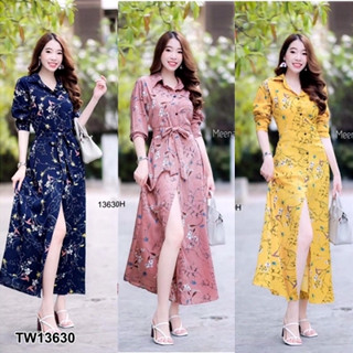 SS13630 เดรสเชิ้ตยาว กระดุมผ่าหน้า ลายดอกไม้ Long dress with button front, floral pattern