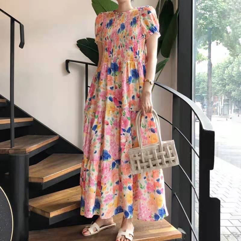 Flower Colorful เดรสลายดอกไม้ สม็อคตัวช่วงบน โทนหลากสี แขนสั้นพอง เดรสดอกไม้ เดรสกระโปรงยาว งานป้ายypy