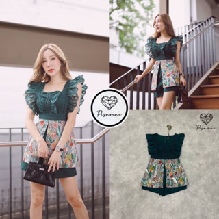 PS_เซ็ตเสื้อลูกไม้แต่งระบายสีเขียวต่อผ้าทอลายกราฟฟิกดอกไม้
