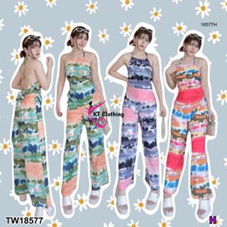 TwinsShopVip💗พร้อมส่ง TW18577 Set 2 ชิ้น เสื้อสายเดี่ยวคล้องคอ โบว์หลัง + กางเกงขากระบอก พมพืลายมัดย้อม