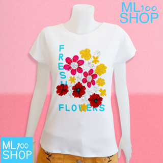 เสื้อยืดลาย fresh flowers ผ้า TK พิมพ์ลายลงในเนื้อผ้า - ML100SHOP (คอปาด)