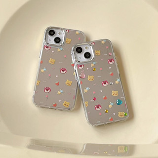 🚗ของขวัญฟรี🚗เคส 14 Pro Max 13 12 11 เคสไอโฟน iPhone11 กระจกเงา หมีสตอเบอรี่ การต่อต้าน พกง่ายๆ การป้องกันการตก Soft Case