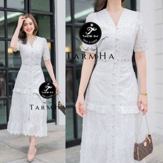 3Dเดรสขาวงานบุญ ชุดไปวัด!!! S-6XL Maxi Dress เดรสสีขาวกระดุมหน้าผ้าปักดอก3มิติ  งานป้าย Tarm Ha