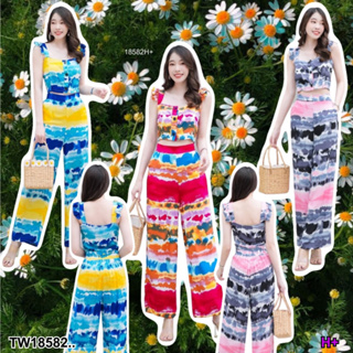 TW18582 set 2 ชิ้น เสื้อไหล่ระบาย กระดุมหน้า ลายมัดย้อม + กางเกงขายาวมัดย้อม