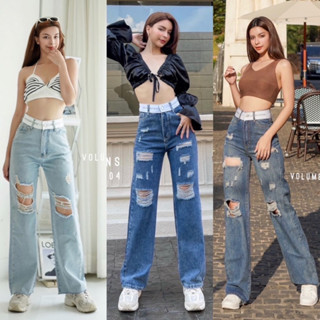 Order Volume jeans กางเกงยีนส์เอวสูงทรงกระบอกใหญ่แต่งขาดเยอะแต่งขอบเอวเท่ๆ jeansdede