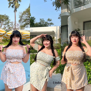 W0116 ชุดเซ็ตเสื้อสม๊อคปาดไหล่+กางเกงกระโปรงทรงน่ารัก plussize สาวอวบ