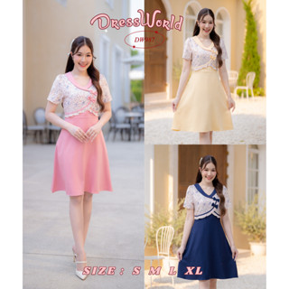 DW987-DRESS WORLD -เดรสทำงานกระโปรงทรงบานปกสูทติดโบว์ (ทักแชทเช็คของก่อนสั่งซื้อ)