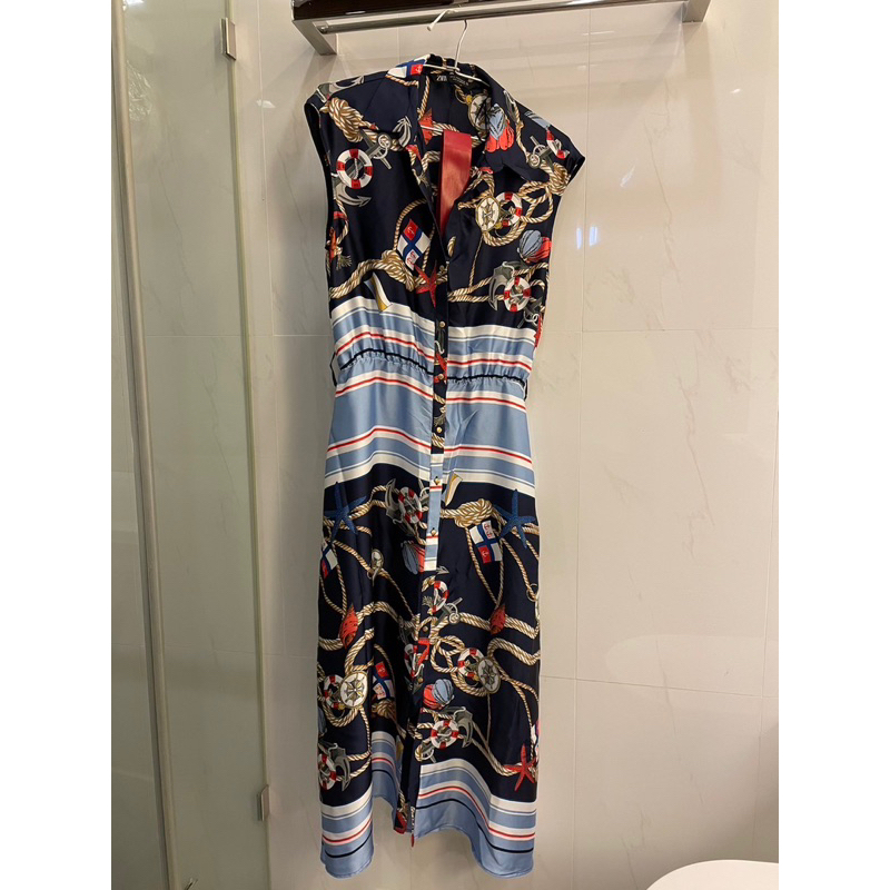 Zara Printed Midi Sleeveless Dress with Red Belt size M