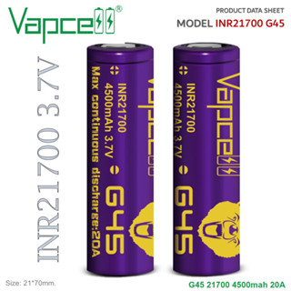 ถ่านชาร์จ Vapcell 21700 G45 4500mah 20A หัวแบน