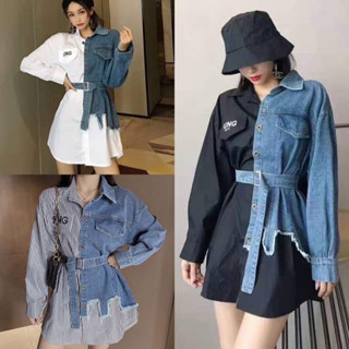 เสื้อเชิ้ตยีนส์เเขนยาวตัวยาวมาพร้อมเข็มขัด