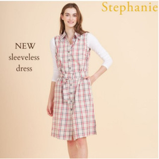 GSP Stephanie Dress แขนกุด ลายสก๊อต(ตาหมากรุก)สีเบจสลับสีแดง-เทา(OWD62LR)