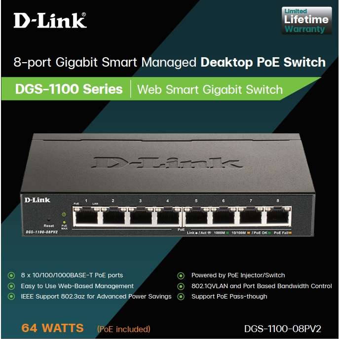 D-Link DGS-1100-08PV2 8-Port L2 Gigabit PoE/PoE+ Smart Managed Switch, 64W PoE power budget, Desktop