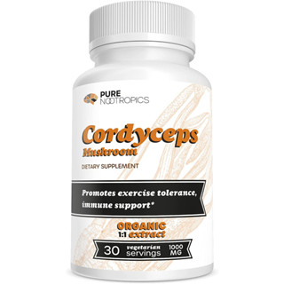 Pure Nootropics Cordyceps Mushroom Militaris Extract Capsules 1,000 mg Organic, Vegan, Gluten Free Supplement, Promotes