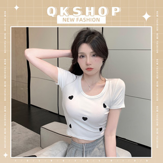 QKshop ขายดี🛍️เสื้อยืด เสื้อยือคอกลมลายหัวใจ  ทรงเสื้อครอปโคตรสวยเลยตัวนี้ ของมันต้องมีนะแกร🎉