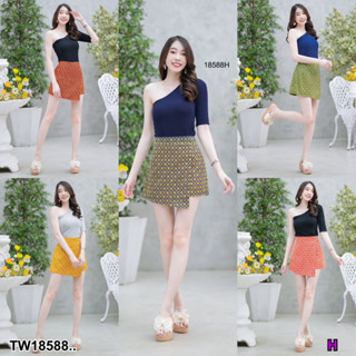 MF18588  Set 2 ชิ้น เสื้อผ้ายืดคอปาดไหล่ แขนเสื้อ1ข้าง กางเกงผ้าคอตตอนทอพิมพ์ลายลายไทย สุดปังตอนนี้ เอวยืดสม้อคหลัง ลุคส