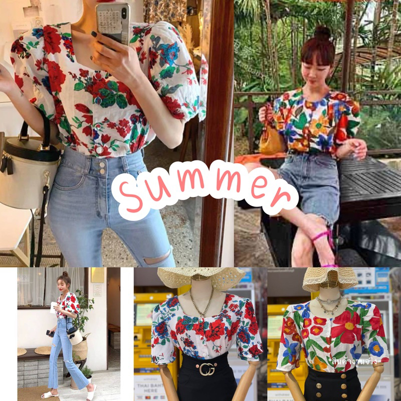 SK0375 เสื้อแขนสั้นตุ๊กตาลายดอก ลุคสดใสรับ summet นี้